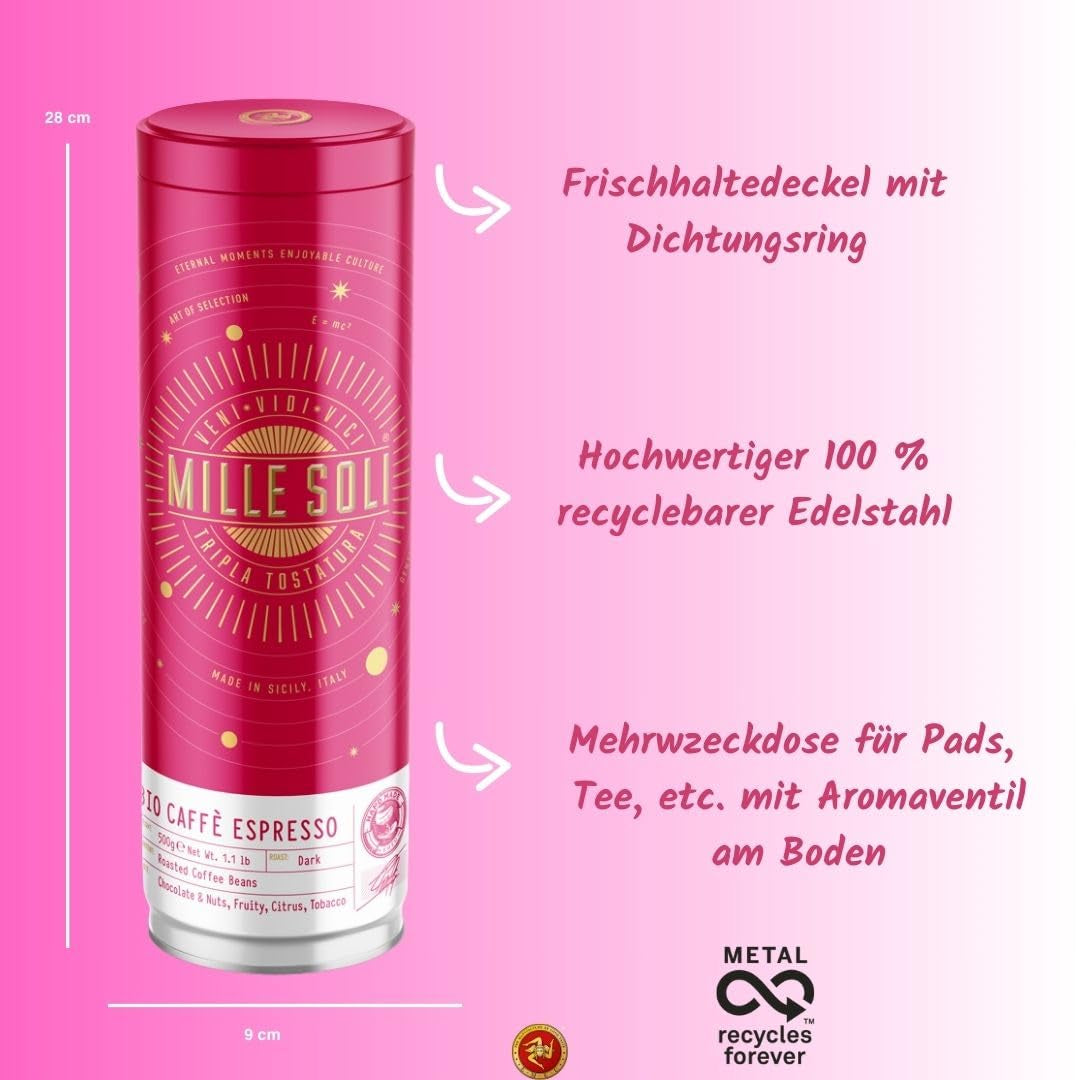 Økologiske espressobønner 500 g i en forseglet kaffeboks - topkvalitet og genanvendelige - premium kaffebønner ristet på Sicilien