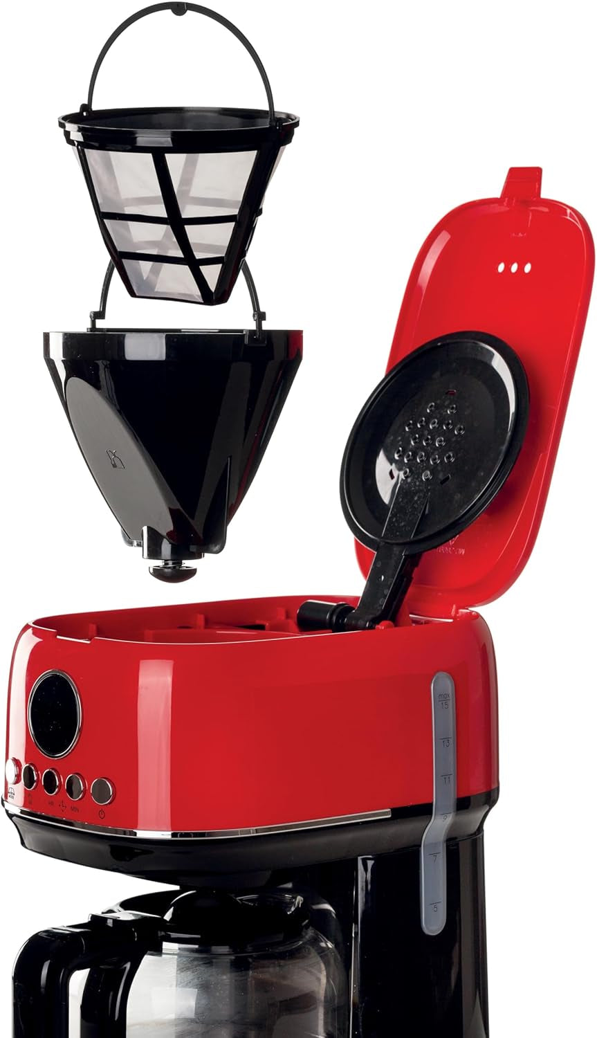 Ariete Moderna 1396 Filter Espressomaskine til fremstilling af amerikansk kaffe Op til 15 kopper Glaskaraffel Varmeplade LCD-skærm Aftagelige og vaskbare filtre Hvid