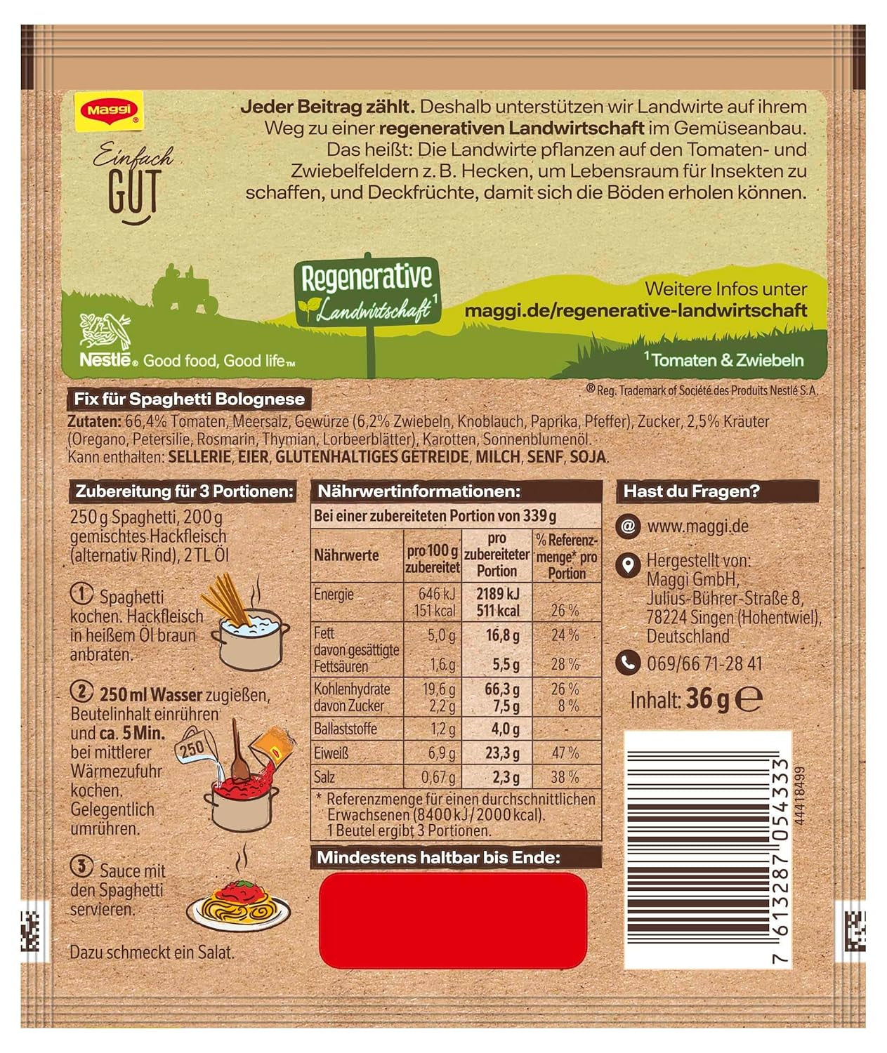MAGGI Fix til Spaghetti Bolognese, Würzmischung, 100% naturlige ingredienser, til 3 Portioner, 1er Pack (1 x 36g Packung)