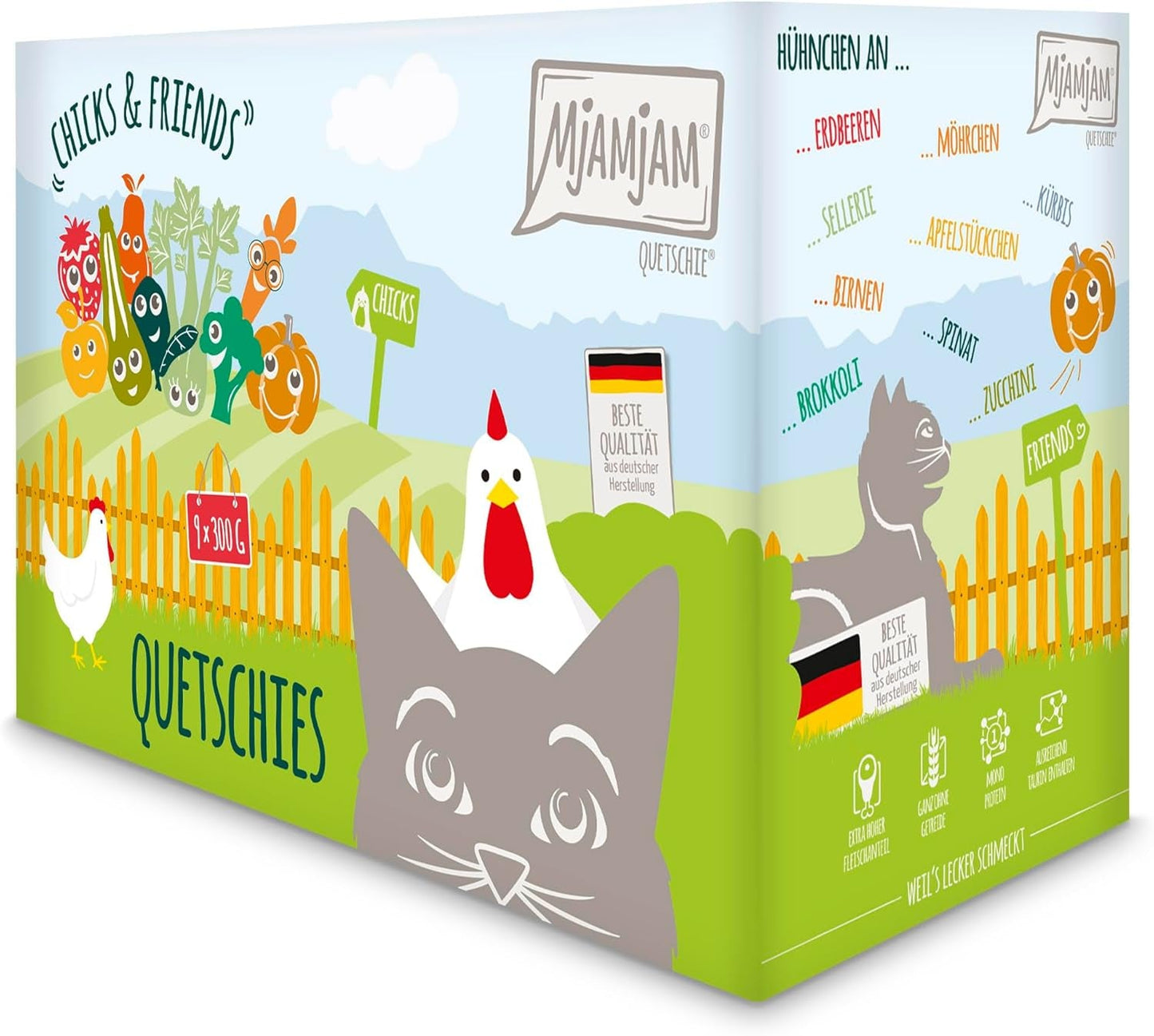 MjAMjAM - Premium Nassfutter für Katzen - Chicks & Friends Box, 9er Pack (9 x 300 g), getreidefrei mit extra Fleisch