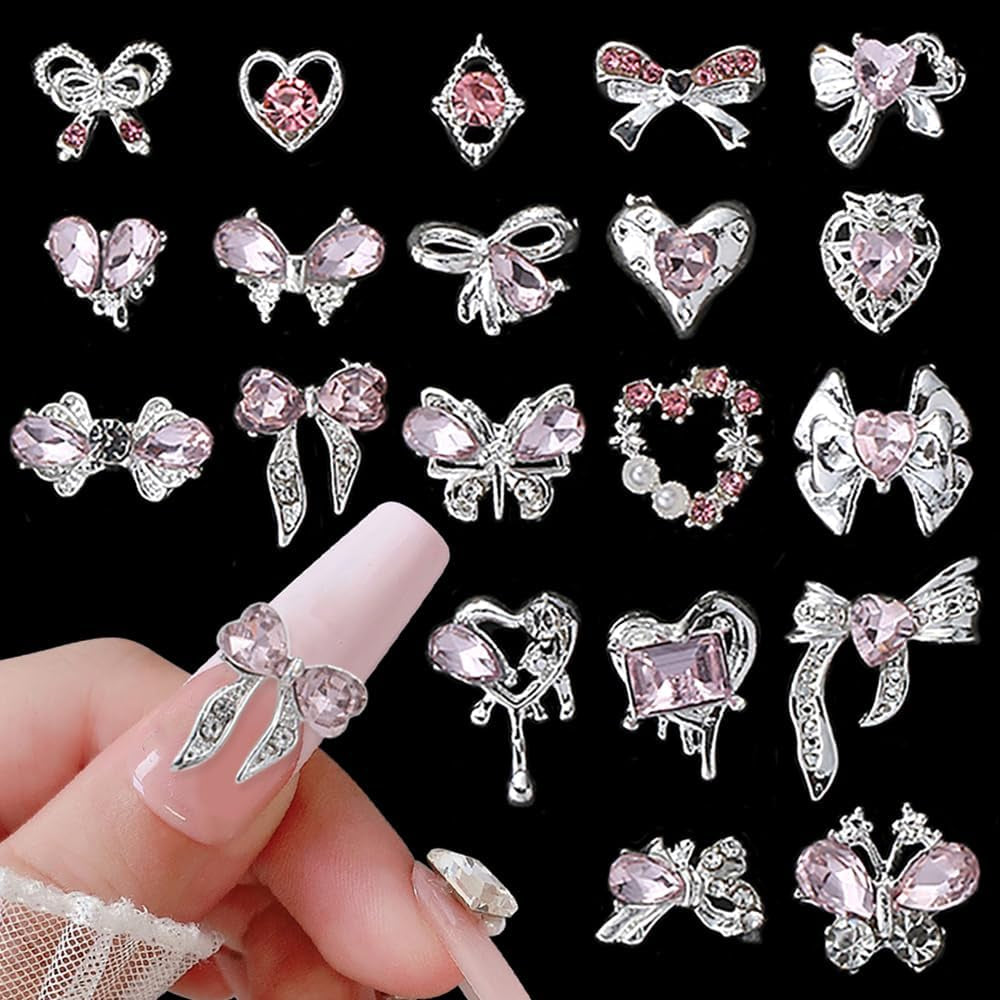 Luxus Rosa Diamant Nagel Charms 3D Butterfly Nail Art Charms Bow Nail Charms Y2K Heart Charms Nägel Tilbehør Schmetterling Herz Schleife Nageldesign Edelsteine ​​​​Strasssteine ​​Glitzersteine ​​​​Nagelschmuck
