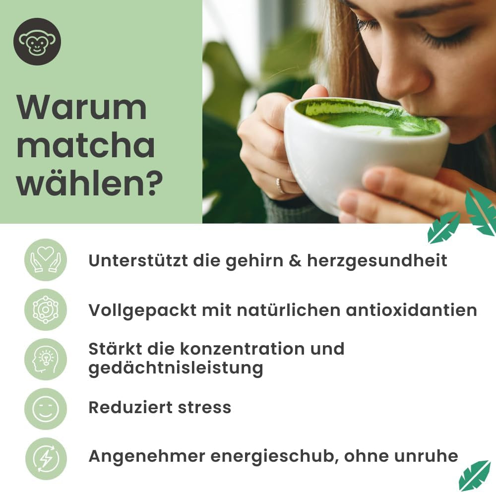Purechimp Matcha-pulver af ceremoniel kvalitet 50 g. 100% ren skyggedyrket tepulver til lattes, infusioner og opskrifter. Genanvendelig krukke. Rig på antioxidanter.