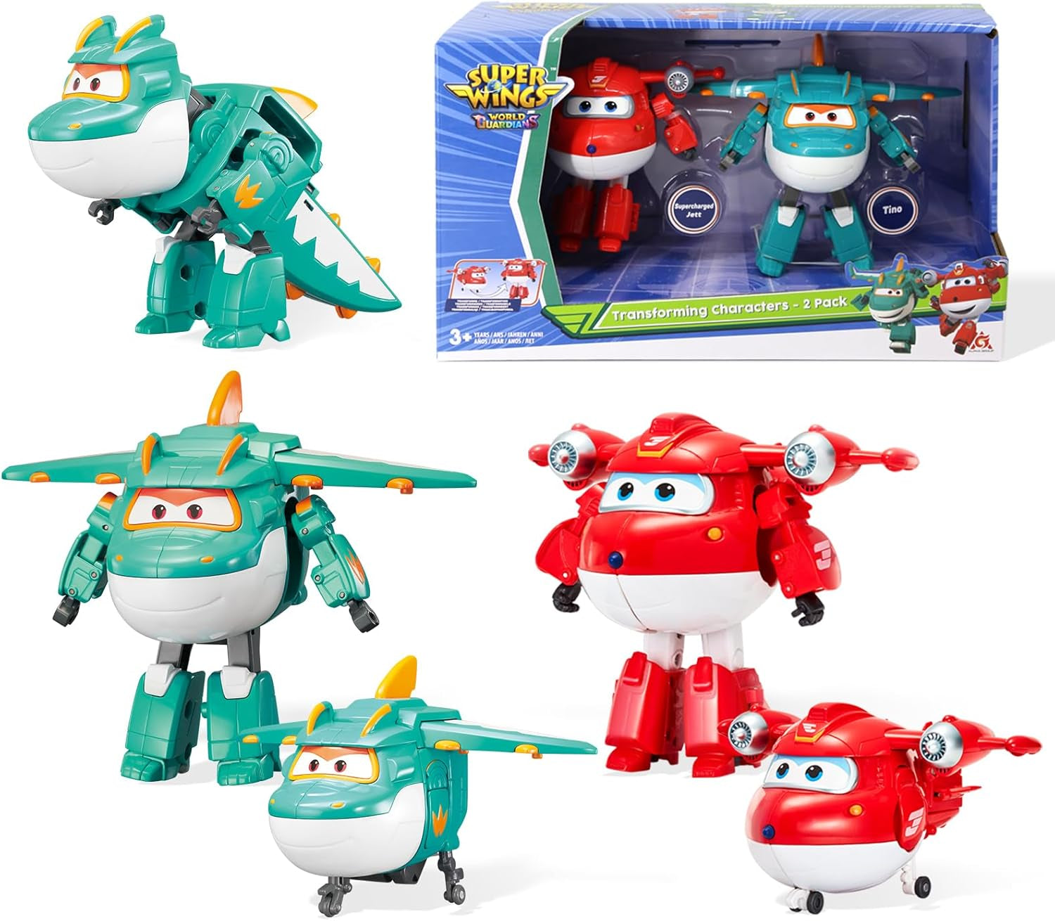 Super Wings 5" Transforming Characters 2-Pack Transforming Supercharged Jett + Tino Transformer Legetøj til drenge og piger i alderen 3+ Røde actionfigurer Naty Shop Jett Tino