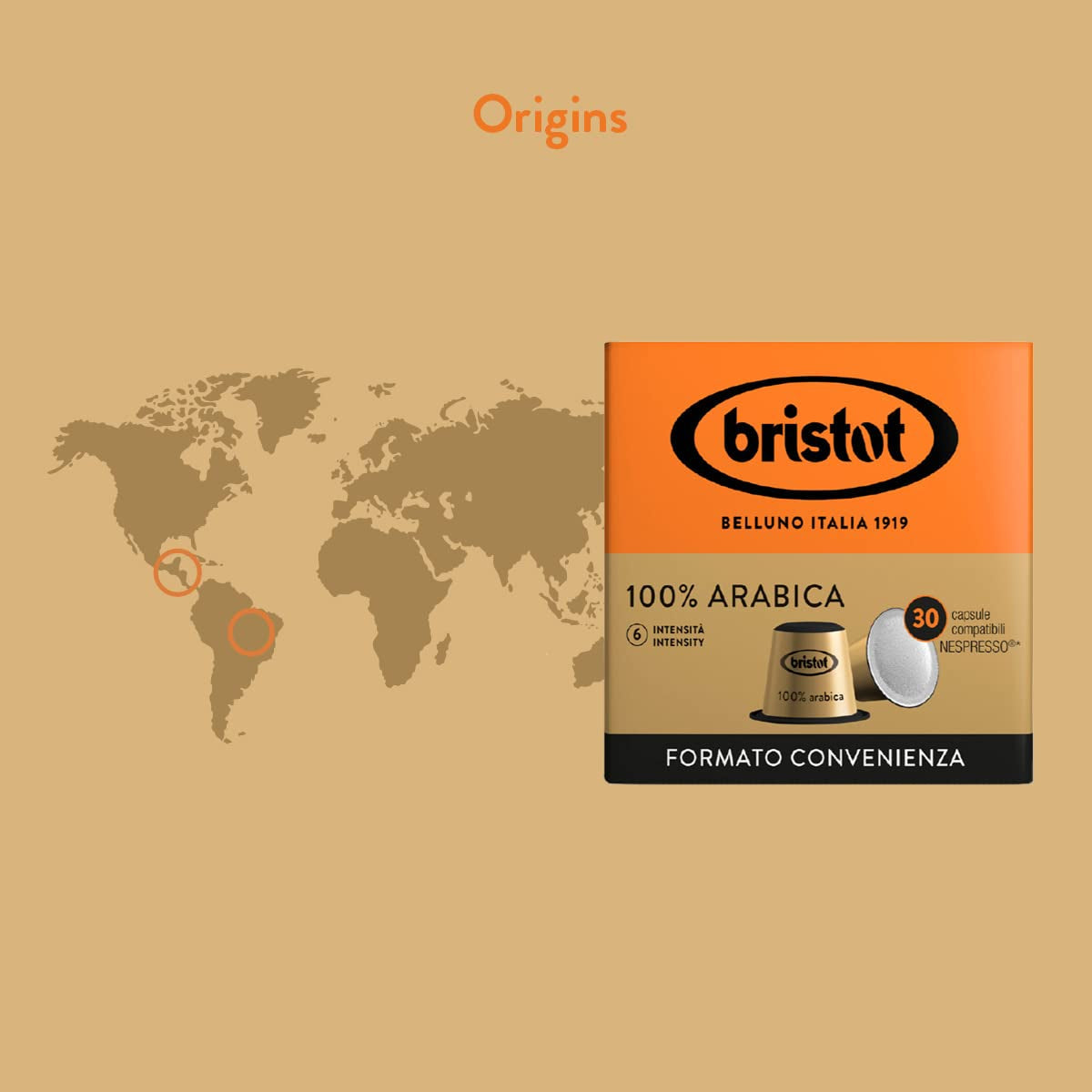 Bristot, 100 % Arabica-kaffe – 120 kapsler kompatible med Nespresso – Kaffeemischung aus Mittelamerika og Brasilien, Schokolade og Trockenfrüchtenoten – 4 pakker pr. 30 kapsler
