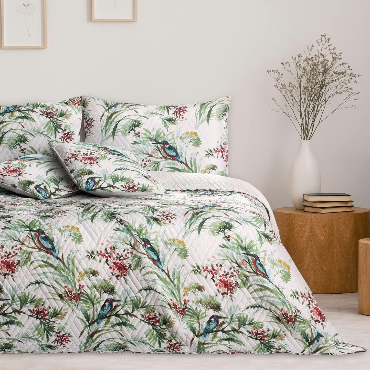 Ameliahome Sengetæppe Sengetæppe 260X280 Cm Dobbeltsidet Nem pleje Quilting Plant Mønster Fuglemønster Multicolor Kingfisher Senge og tæpper Besuche den AmeliaHome-Store