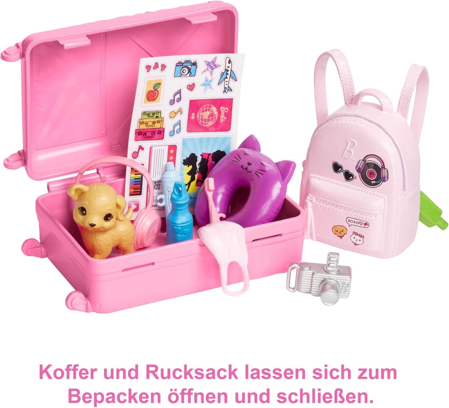 Barbie-dukke, rejse-barbie med blondt hår, 10+ rejsetilbehør, klistermærker, kuffert, hvalp, inkluderer 1 dukke, gave til børn, 3+-legetøj, HJY18