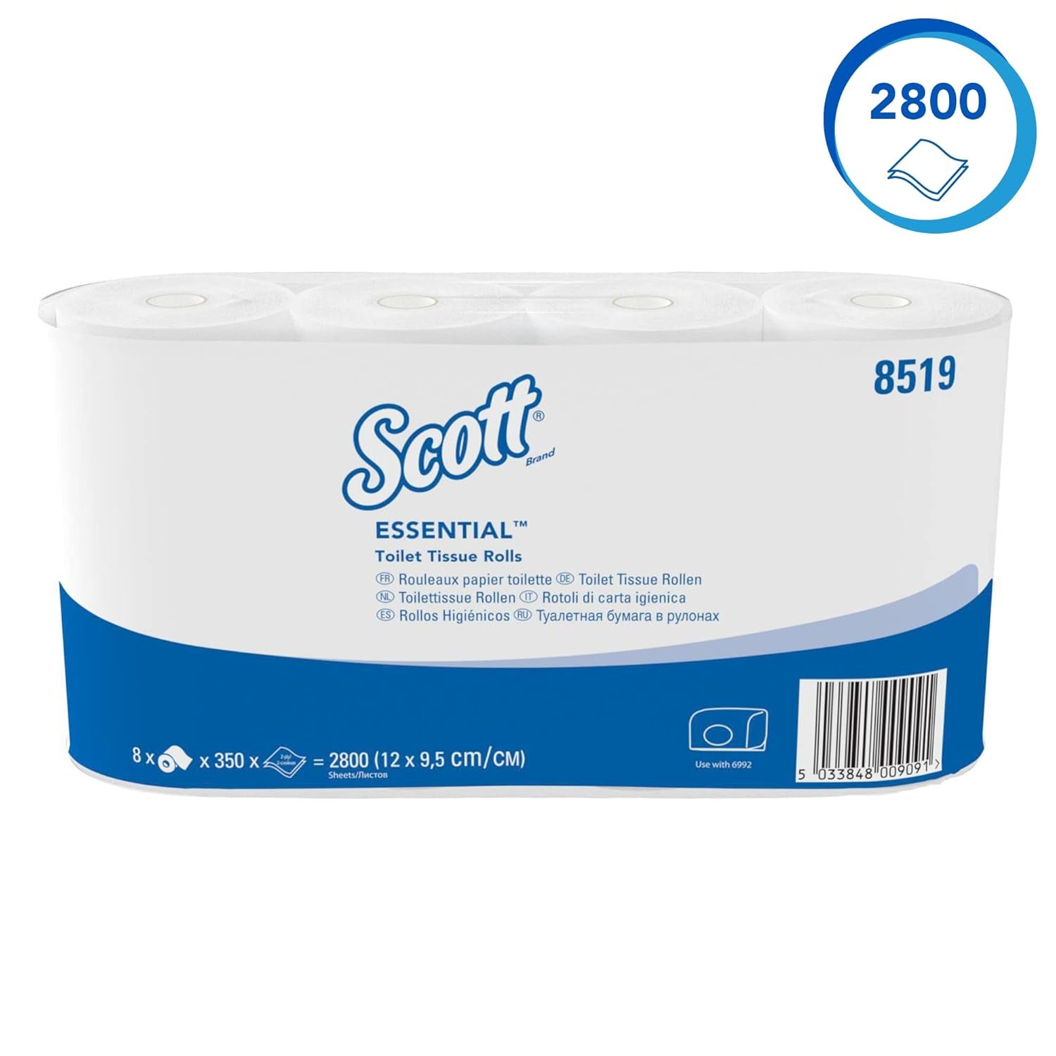 Scott® Essentialtm 8519 toiletpapir 2-lags hvidt Fsc-certificeret genbrugsfiber toiletpapir 64 ruller X 350 ark (i alt 22.400 ark)