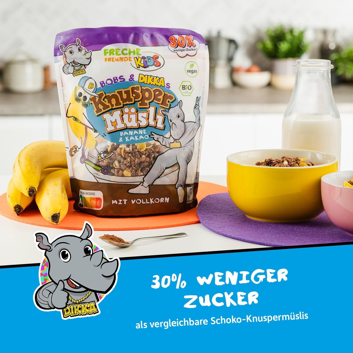 FRECHE FREUNDE KIDS, Bobs & DIKKAs Crunchy Banana Cacao Müsli, Crunchy Chokolade Müsli til børn, Lavt sukkerindhold, ingen tilsætningsstoffer, 100 % vegansk, 6 stykker (6 x 280 g)