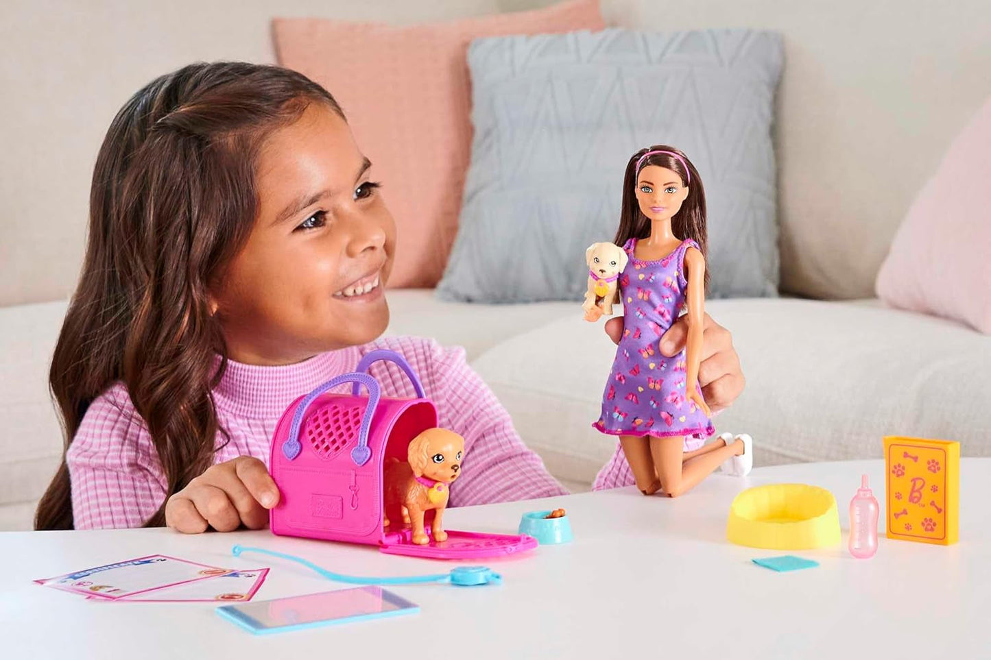 Adoption Barbie Puppy - Dukke og 2 hvalpe, med adoptionscertifikater, farveændringseffekt, bur og tilbehør, til børn fra 3 år og derover, HKD 86