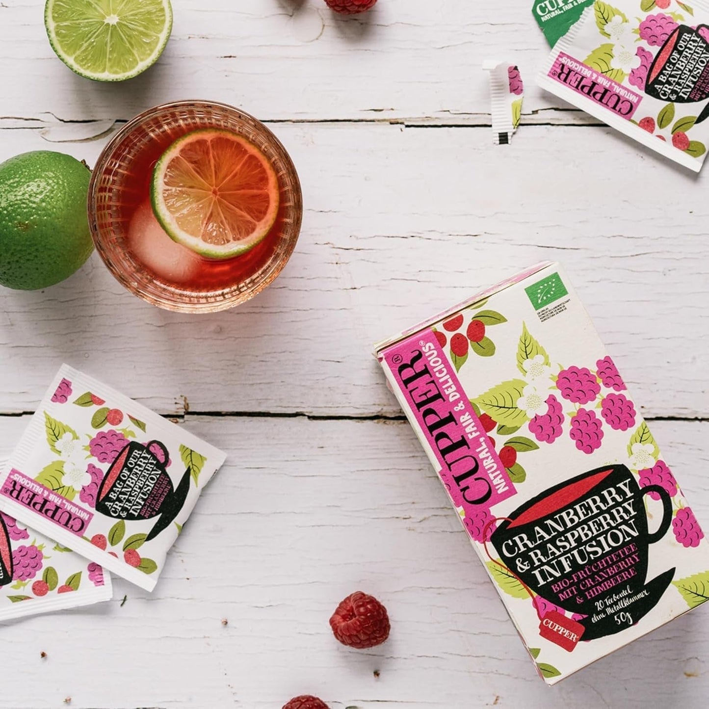 4Er Pack CUPPER Økologisk frugtte "Tranebær- og hindbærinfusion", 4X20 ikke-hvide teposer, økologisk, fairtrade