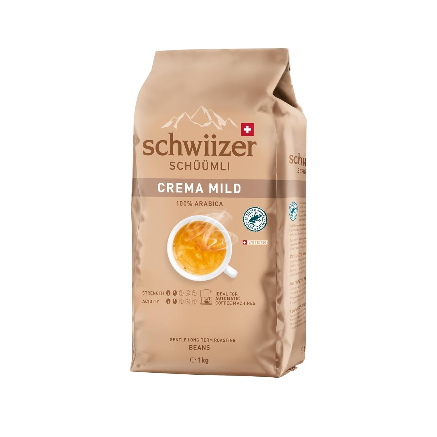 Schwiizer Schüümli Crema Mild, 100% Arabica kaffebønner fine, harmoniske og milde, ideel til automatiske espressomaskiner, styrke 2/5, let ristning, Rainforest Alliance, 1 kg