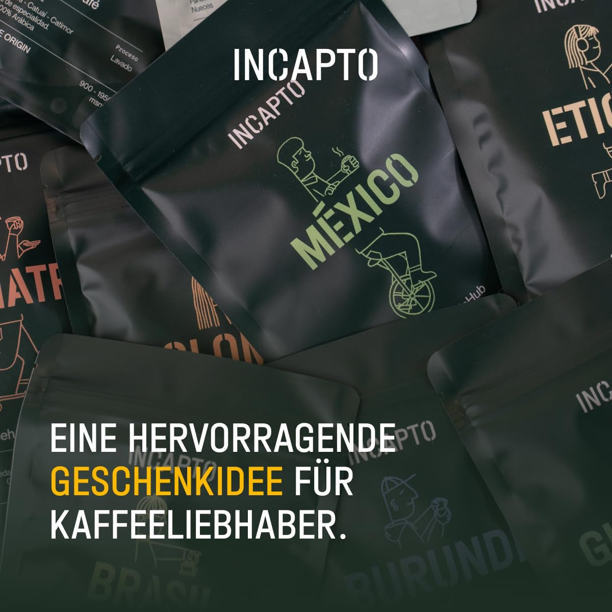 Udvalg af Incapto kaffebønner på verdensplan | Udvalg af 10 oprindelser fra hele verden | Specialkaffe | 100% Arabica | Ideel som kaffegavesæt | For kaffeelskere | 10 pakker x 100 g