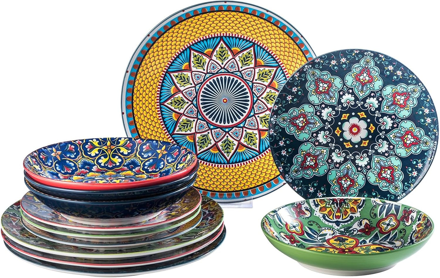 HENXFEN BLY Porcelænsservisesæt, 12-delt porcelænsstel til 4, farverigt porcelænsstel til 4 - Håndmalede tallerkener, Desserttallerkener, Suppetallerken - Bohemian Style