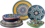 HENXFEN BLY Porcelænsservisesæt, 12-delt porcelænsstel til 4, farverigt porcelænsstel til 4 - Håndmalede tallerkener, Desserttallerkener, Suppetallerken - Bohemian Style