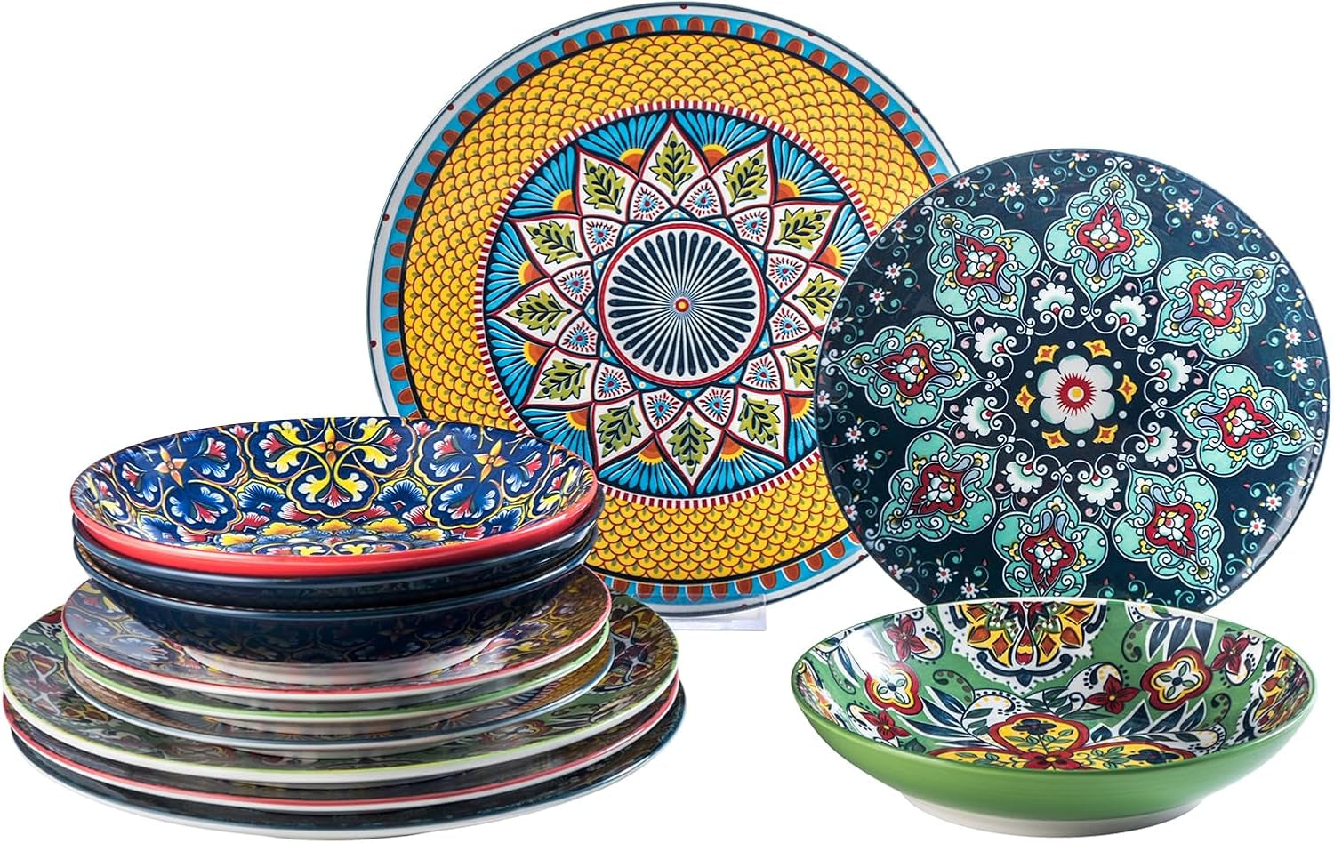 HENXFEN BLY Porcelænsservisesæt, 12-delt porcelænsstel til 4, farverigt porcelænsstel til 4 - Håndmalede tallerkener, Desserttallerkener, Suppetallerken - Bohemian Style