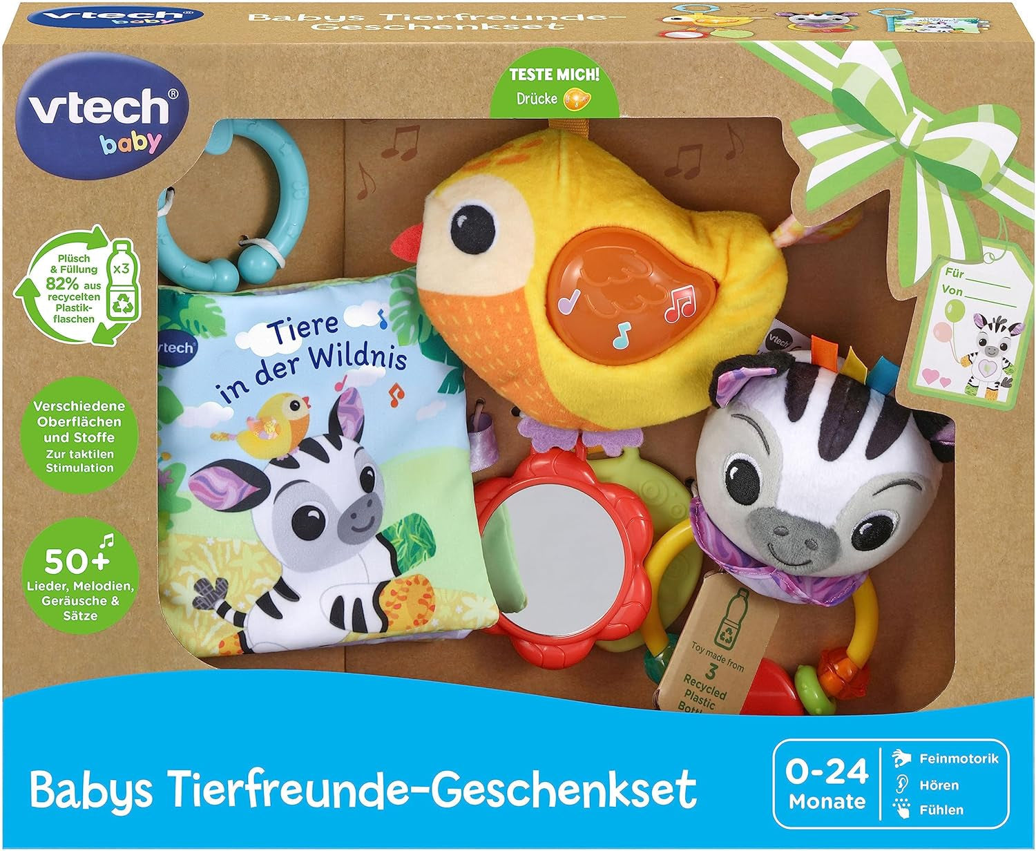 VTech Baby - Baby's Animal Friends Gavesæt - Legetøjssæt med stofbog, syngende fugl og zebrarangle - I 0-24 måneder Babylegetøj Naty Shop