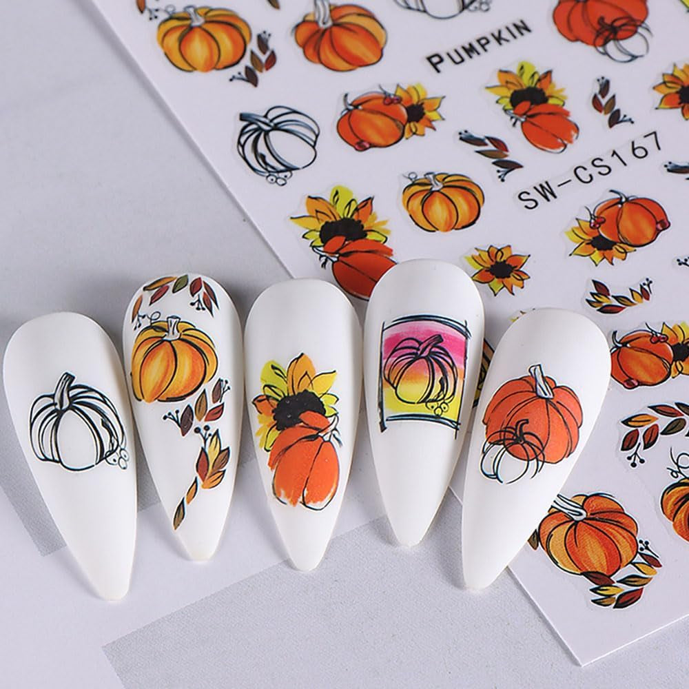 3D Autumn Nail Stickers Græskarblade Negle Stickers Geometrisk linje Blomster Negle Stickers Thanksgiving Day Design Negle Stickers Efterår Pumpkin Nail Stickers Negletilbehør Negle Art