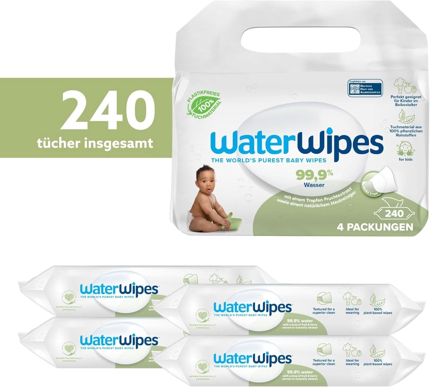 Waterwipes Plastikfreie, Texturierte Reinigungstücher Für Kleinkinder & Babies, 240 Stück (4 Packungen), 99,9 % Wasserbasierte Reinigungstücher, Unperfümiert Für Empfindliche Haut Naty Shop