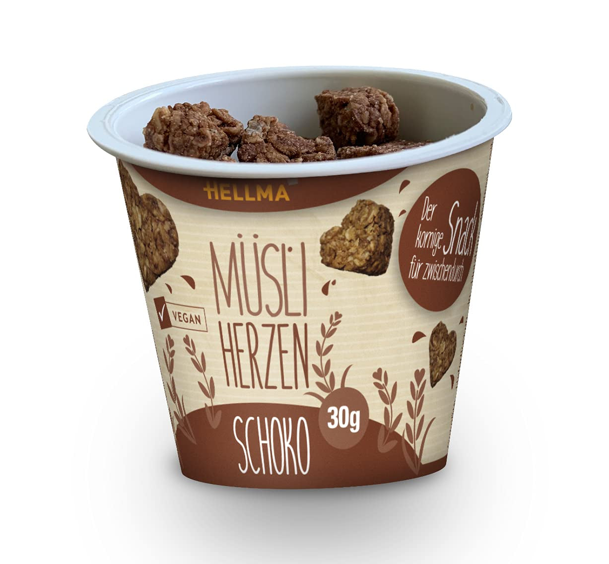 HELLMA Hjerter med müsli og chokolade - 18 portioner, 30 g hver - Havregryn overtrukket med chokolade i form af et hjerte, takeaway kopper