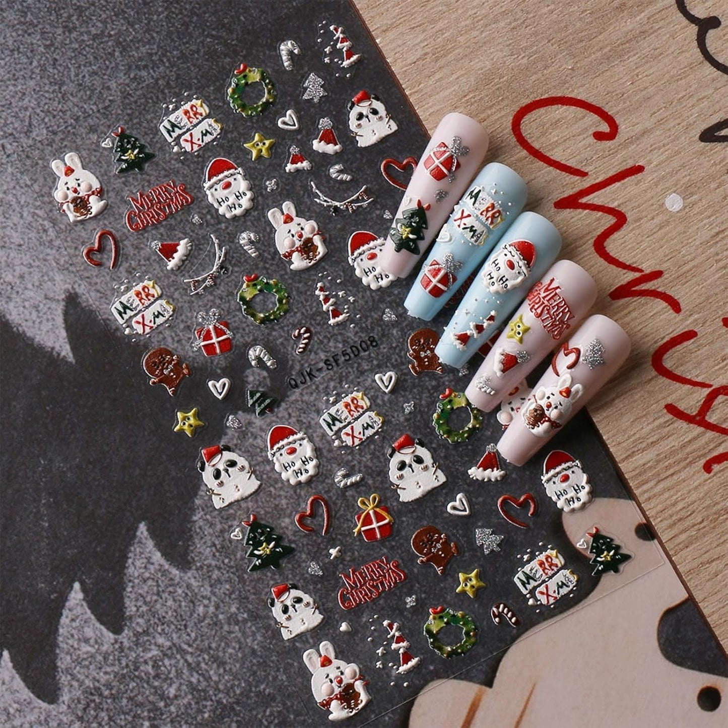 Jul 3D negle stickers 4 ark 5D negle stickers Stereoskopiske negle stickers dekorationer Negle Design Accessories