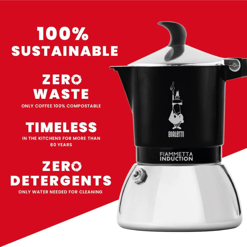 Bialetti Fiammetta induktionskaffemaskine, 2 kopper (100 ml), velegnet til alle typer kogeplader, elegant design, sort