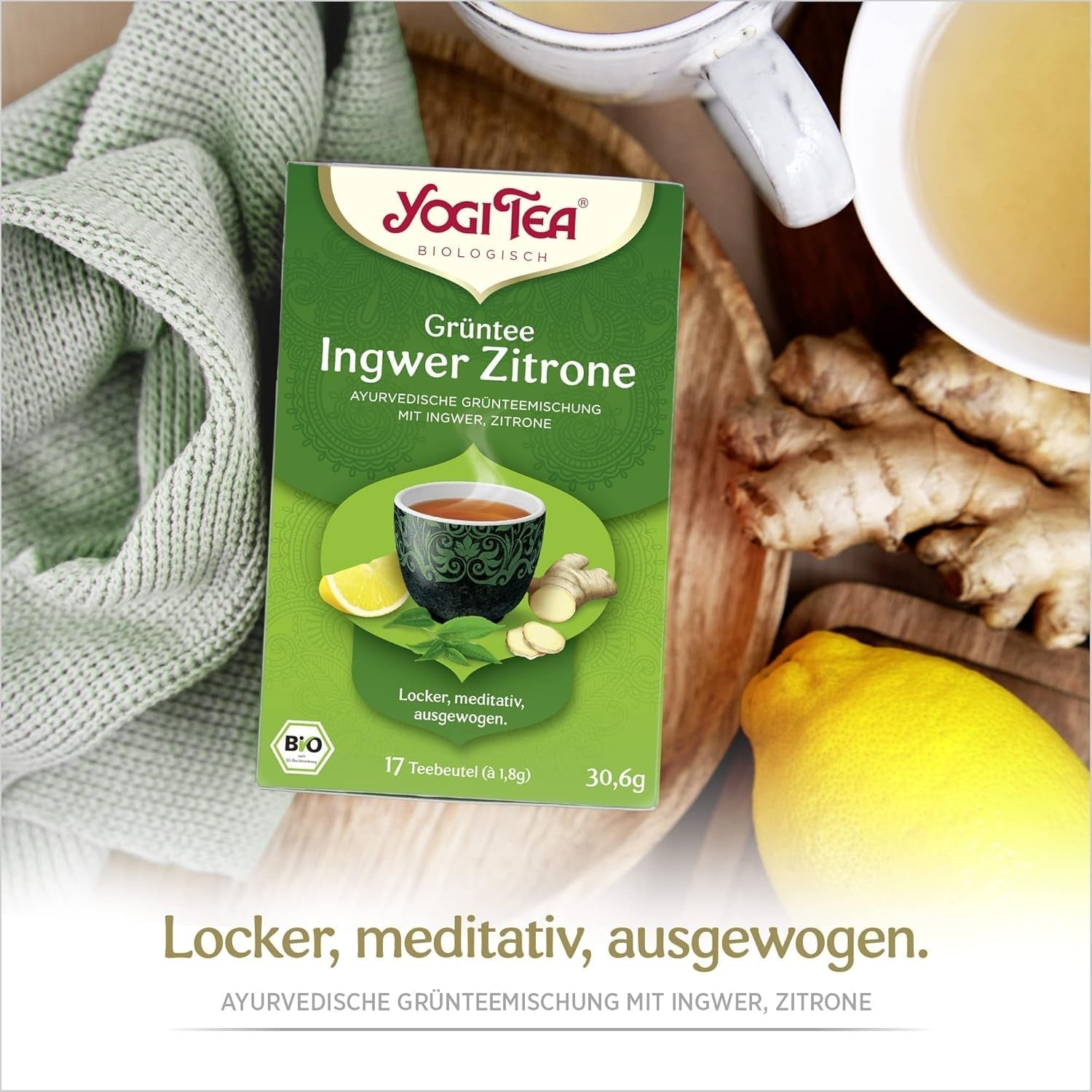 Yogi-te - grøn te med ingefær og citron, økologisk ayurvedisk te med krydderier og urter, blanding af grøn te, ingefær og citron, yogi-te 3 pakke, 3x17 teposer (i alt 51 teposer), ideel som gave