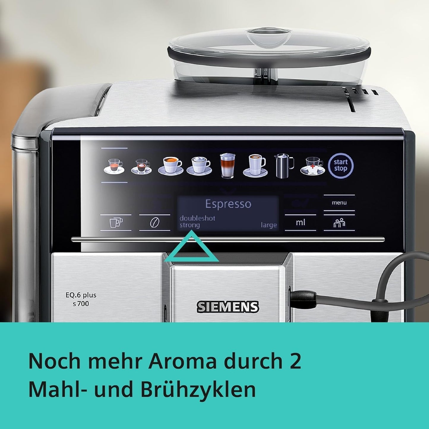 Automatisk espressomaskine Siemens EQ.6 plus s700 TE657503DE, til mange kaffespecialiteter, mælkeskummer, keramisk kværn, dobbelt kaffefunktion, anti-kalk, automatisk damprensning, 1500 W, rustfrit stål