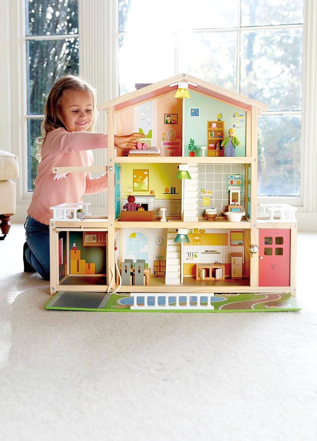 Hape Dukkevilla 10-værelses trædukkehus Kreativt rollespil inklusive møbler og tilbehør Pædagogisk legetøj for 3 år og opefter