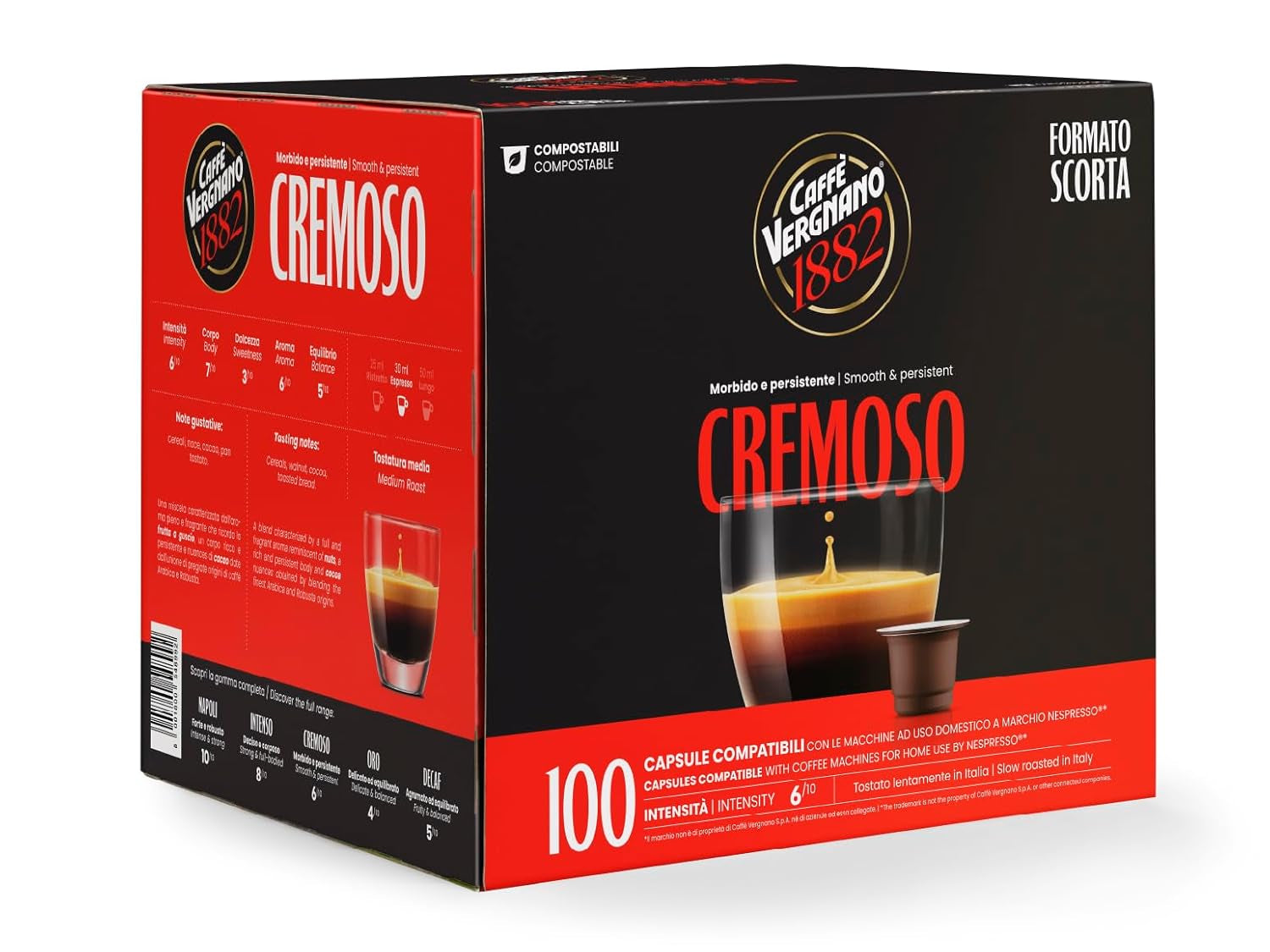 Caffè Vergnano 1882 - Èspresso komposterbar Kaffeekapsel, kompatibel med Nespresso, Cremoso (cremet) - Packung Enthälts 100 Kapseln