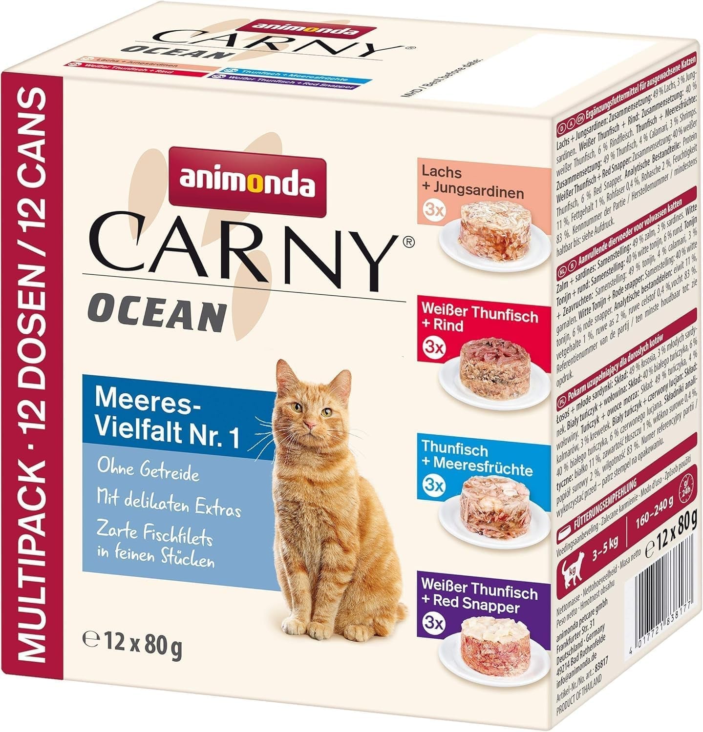 animonda Carny Adult Ocean Marine Variety No. 1 (12 x 80 g), vådfoder til voksne katte, vådfoder med møre fiskefileter, kornfrit og sukkerfrit kattefoder