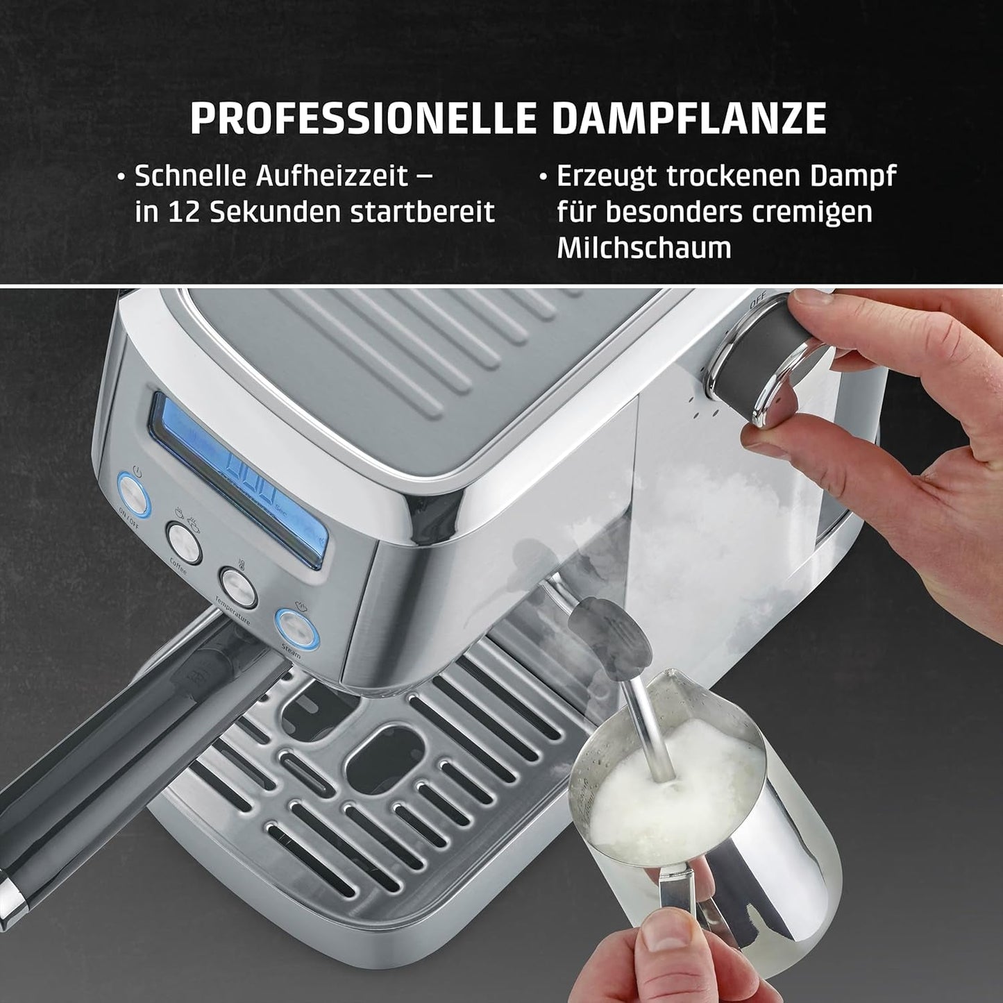 CASO EspressoGourmet Crema - Portafilter espressomaskine med mælkeskummer, espresso, cappuccino, rustfrit stål portafilter, ULKA 20 bar pumpe, kaffemaskine, malet kaffe, ESE kapsler