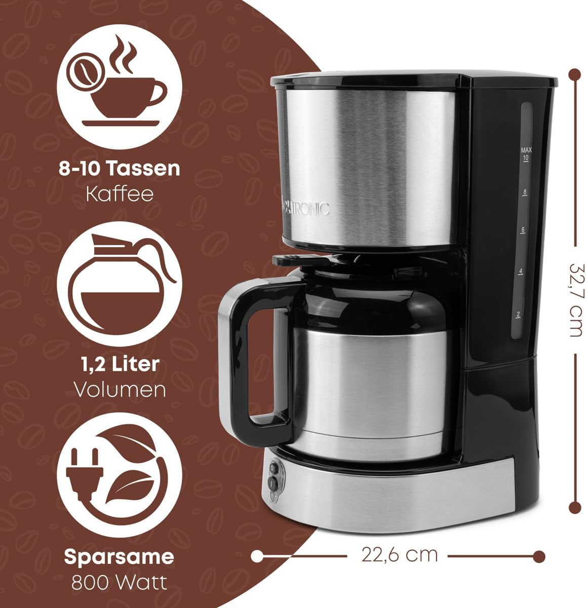 Clatronic® kaffemaskine med termokande til 8–10 kopper kaffe (ca. 1,2 l) | Kaffemaskine med filter i rustfrit stål | Dobbeltvæg termokande | Intet temperaturtab | Kaffemaskine 800 W | KA 3805