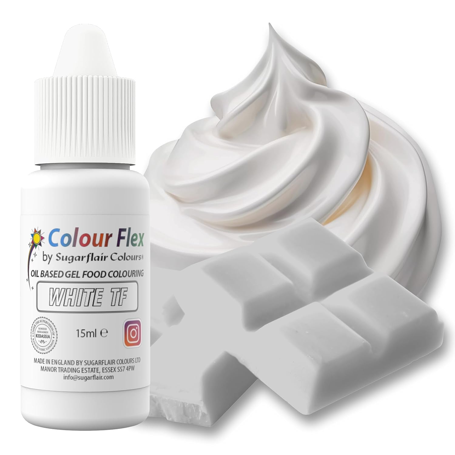 Sugarflair Colourflex hvid oliebaseret fødevarefarve, højkoncentreret flydende fødevarefarve, madfarve til smørcreme, chokolade, dej, fondant, glasur og mere - 15 ml