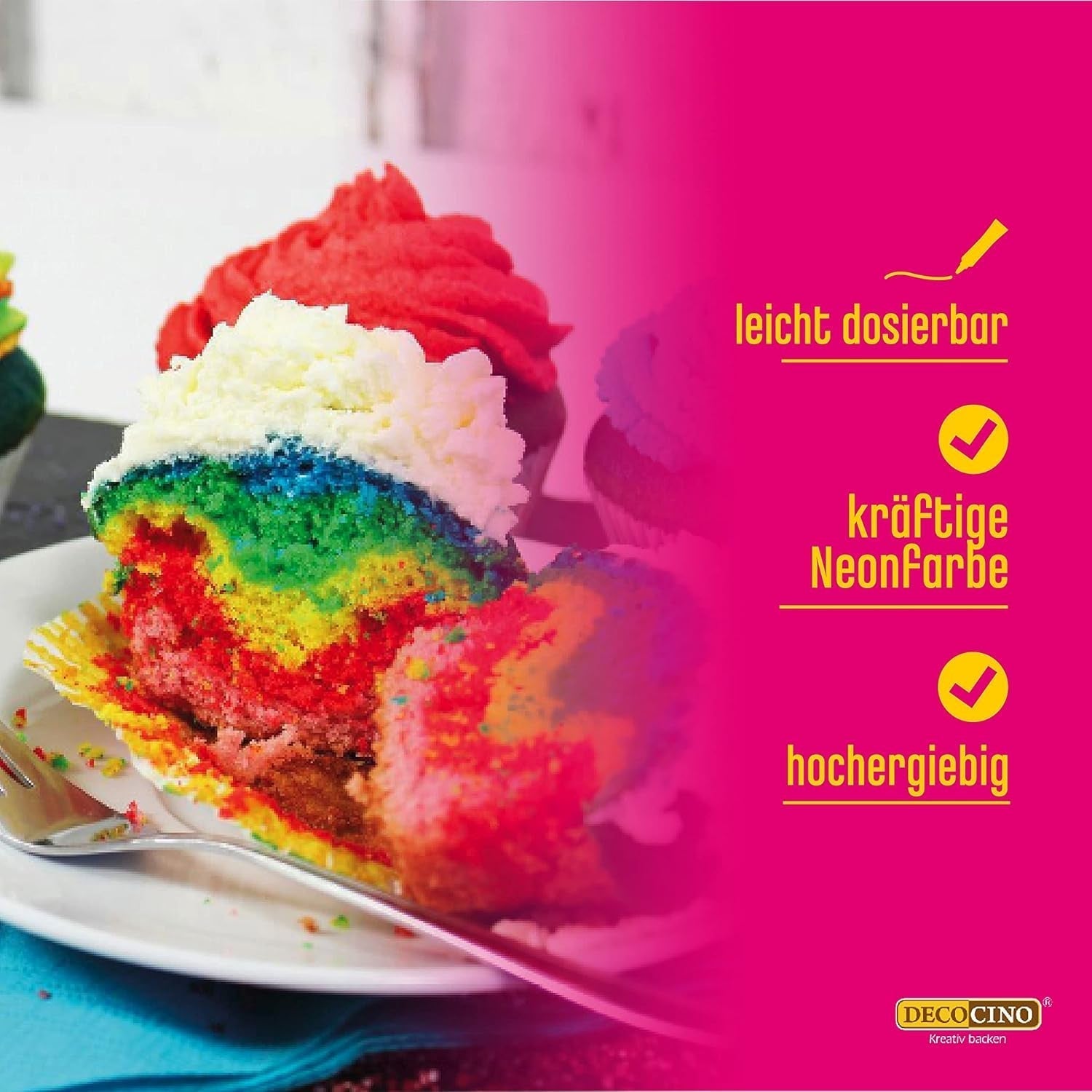 Decocino Neon madfarvesæt - 3 stykker - rød, lyserød, lilla - højdosis madfarve - til farvning af kager, muffins, cupcakes - smagsfri