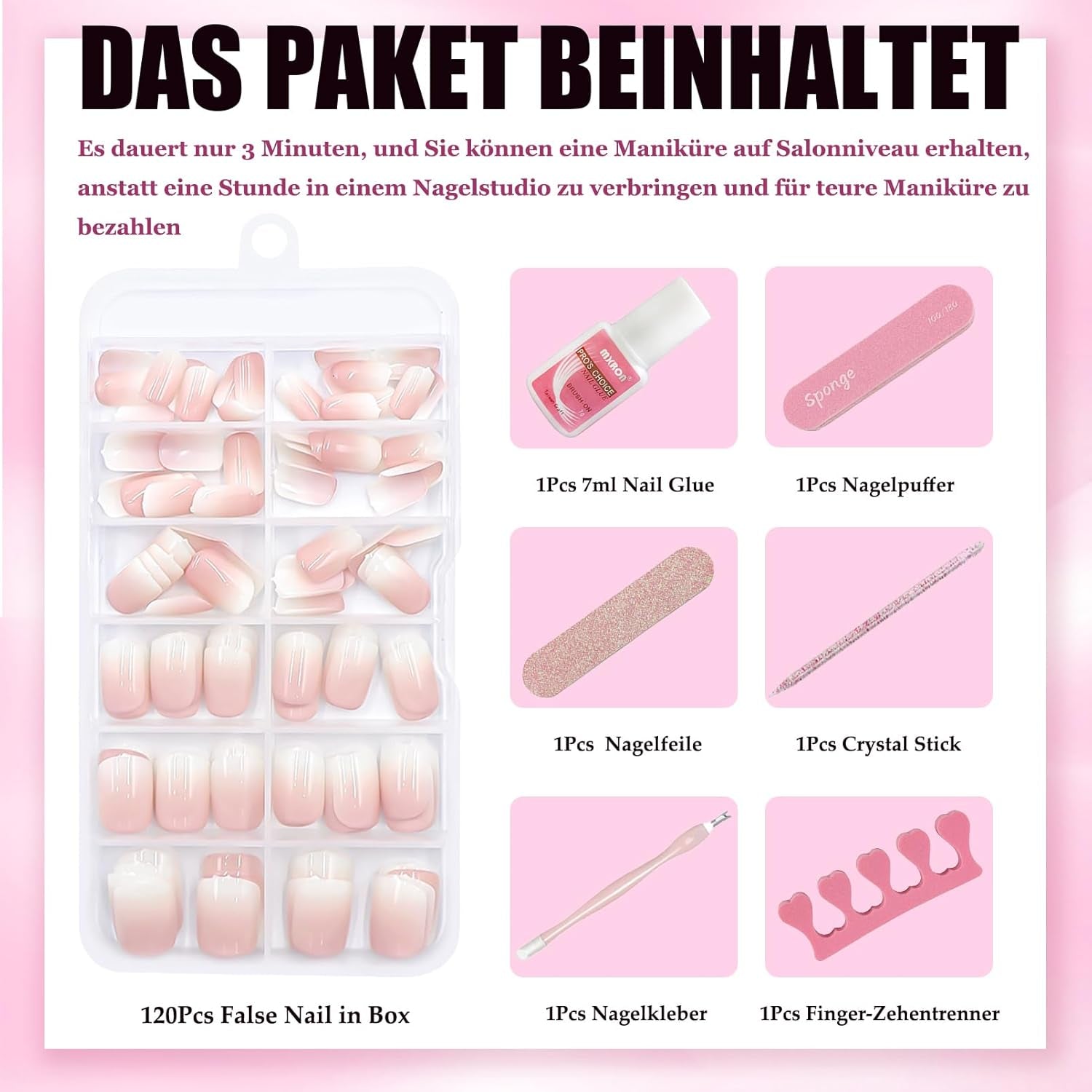 120 stk Nøgne lyserøde falske negle med neglelim - 12 størrelser Kort oval firkantet tryk på negle - smukke negle, lim på kunstige negle - velegnet til kvinders DIY negledesign (Squaval Pink Gradient)