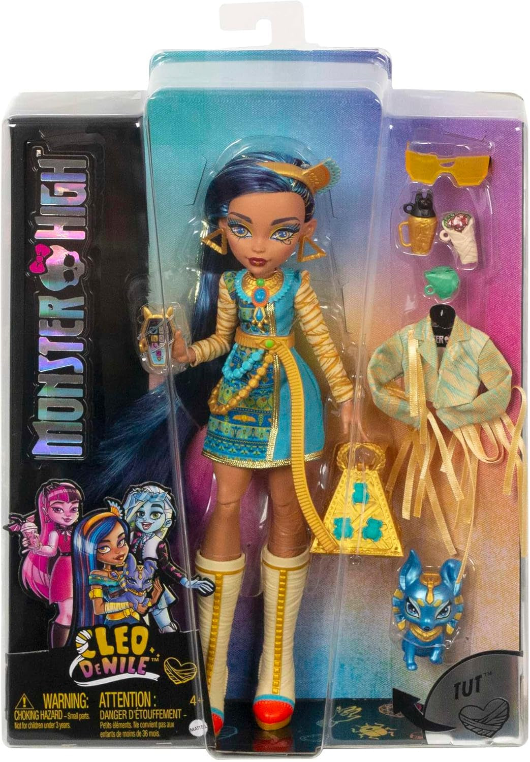 Monster High Cleo de Nile Puppe, Mummie Modepuppe, Königliches Outfit, Killerstiefel, Pyramidenrygsæk, Tilbehør, für Kinder ab 4 Jahren, HHK54
