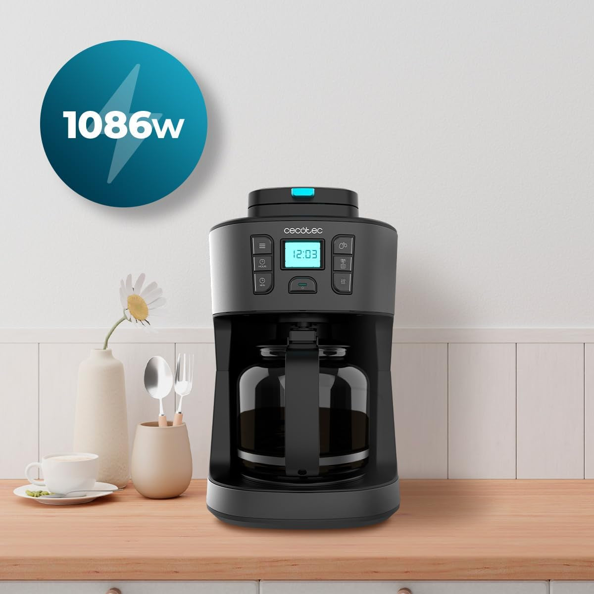 Cecotec Coffee 66 Grind & Drop Essential dryp kaffemaskine. 1086 W, Klingesliber, Op til 12 kopper, Ekstrem Aroma-teknologi, Digital, Rustfrit Stål, Auto-Sluk.