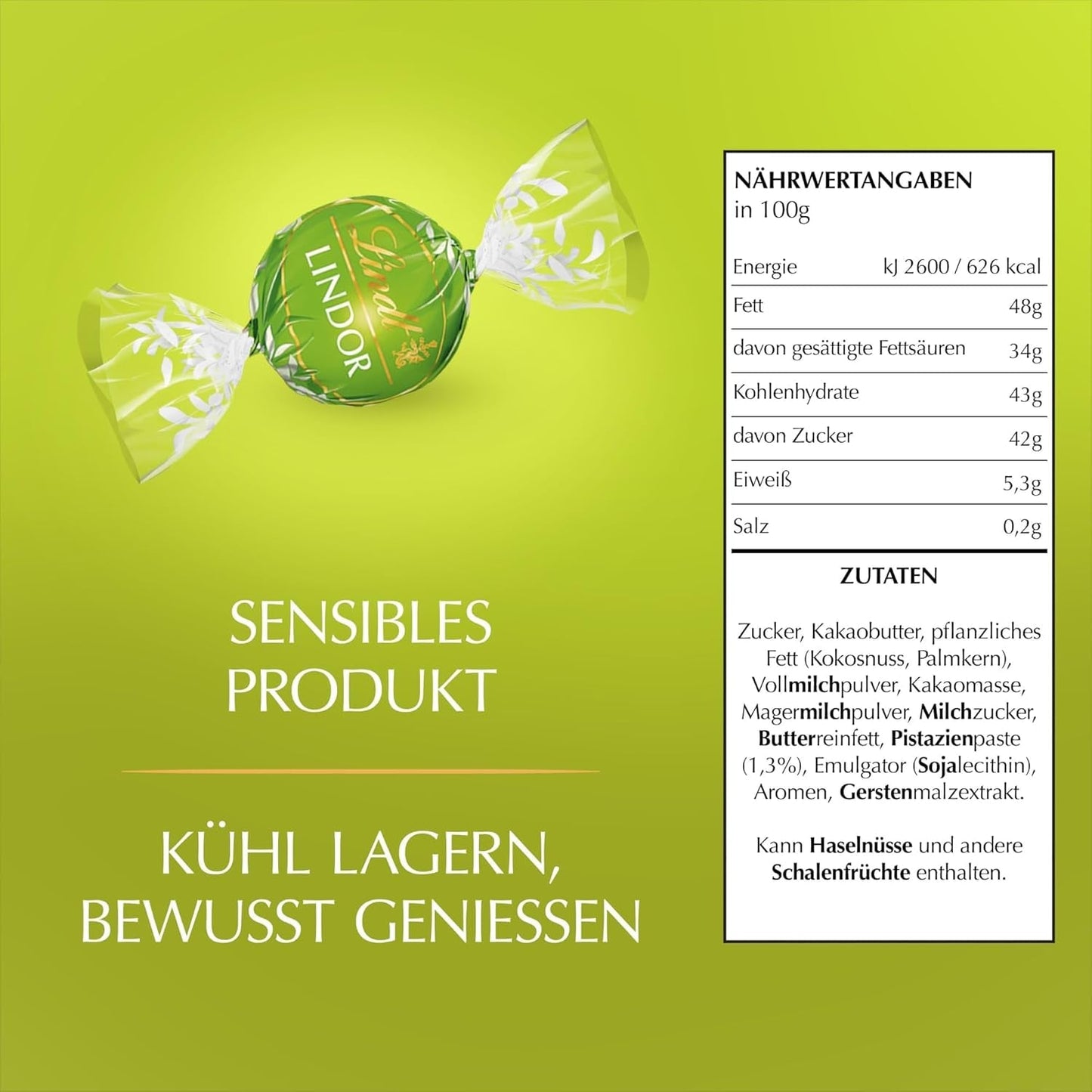 Lindt LINDOR Chokolade med Pistacie | 1 kg genlukkelig pose | ca. 80 mælkechokoladekugler med smeltet pistacie-cremefyld i munden | Bulkpakke, pralinegave