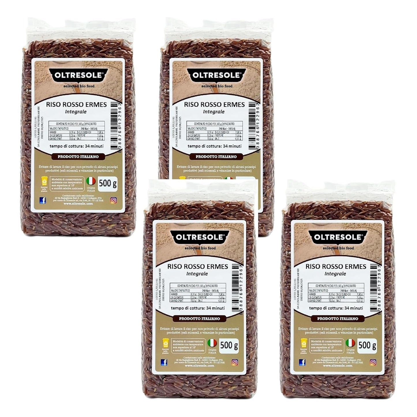 Italiensk fuldkornsris, fiberrig uraffineret ris, ideel til kreative rissalater og sunde retter, vakuumpakket, 4 pakker x 500 g
