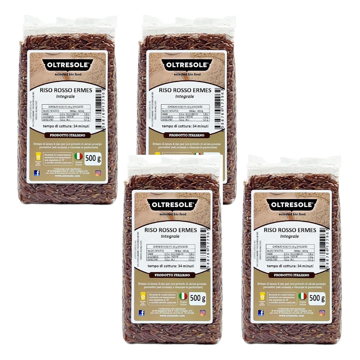 Italiensk fuldkornsris, fiberrig uraffineret ris, ideel til kreative rissalater og sunde retter, vakuumpakket, 4 pakker x 500 g