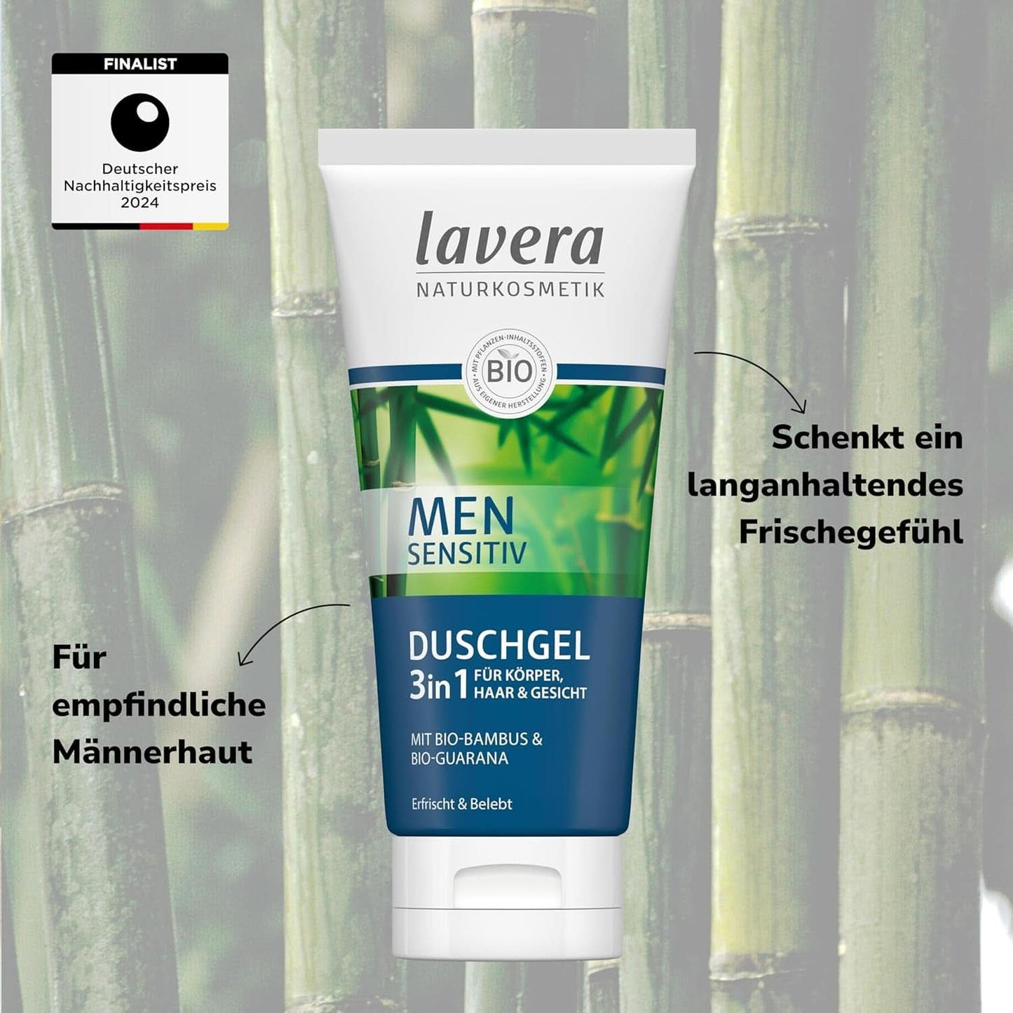Lavera, Shower gel med økologisk bambus og guarana, 3 i 1, til hud, hår og ansigt, 200 ml Brusebad og bad Naty Shop