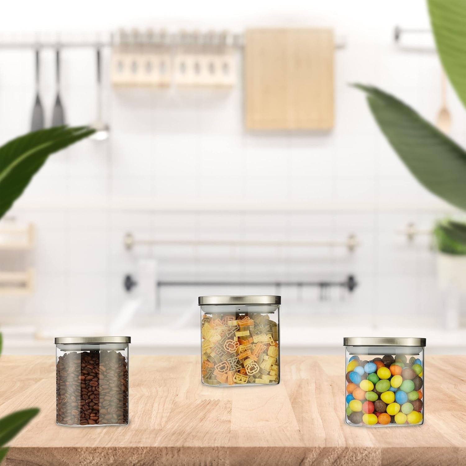 Relaxdays opbevaringskrukker med låg Sæt med 3 600 ml firkantede opbevaringskrukker Lækagesikre glasbeholdere Klar/sølv madopbevaringsbokse Naty Shop