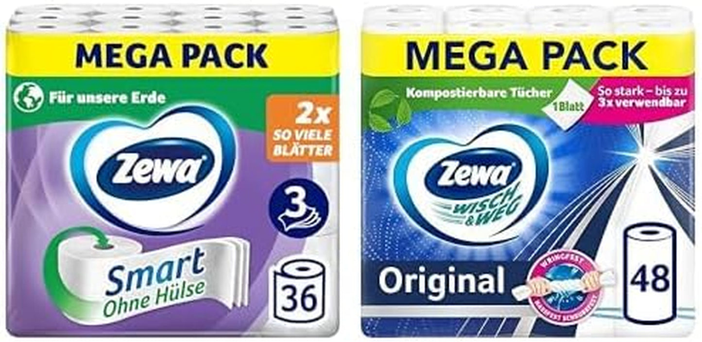 Økonomipakke Zewa Smart toiletpapir 36 ruller + Zewa Wisch&Weg 48 ruller