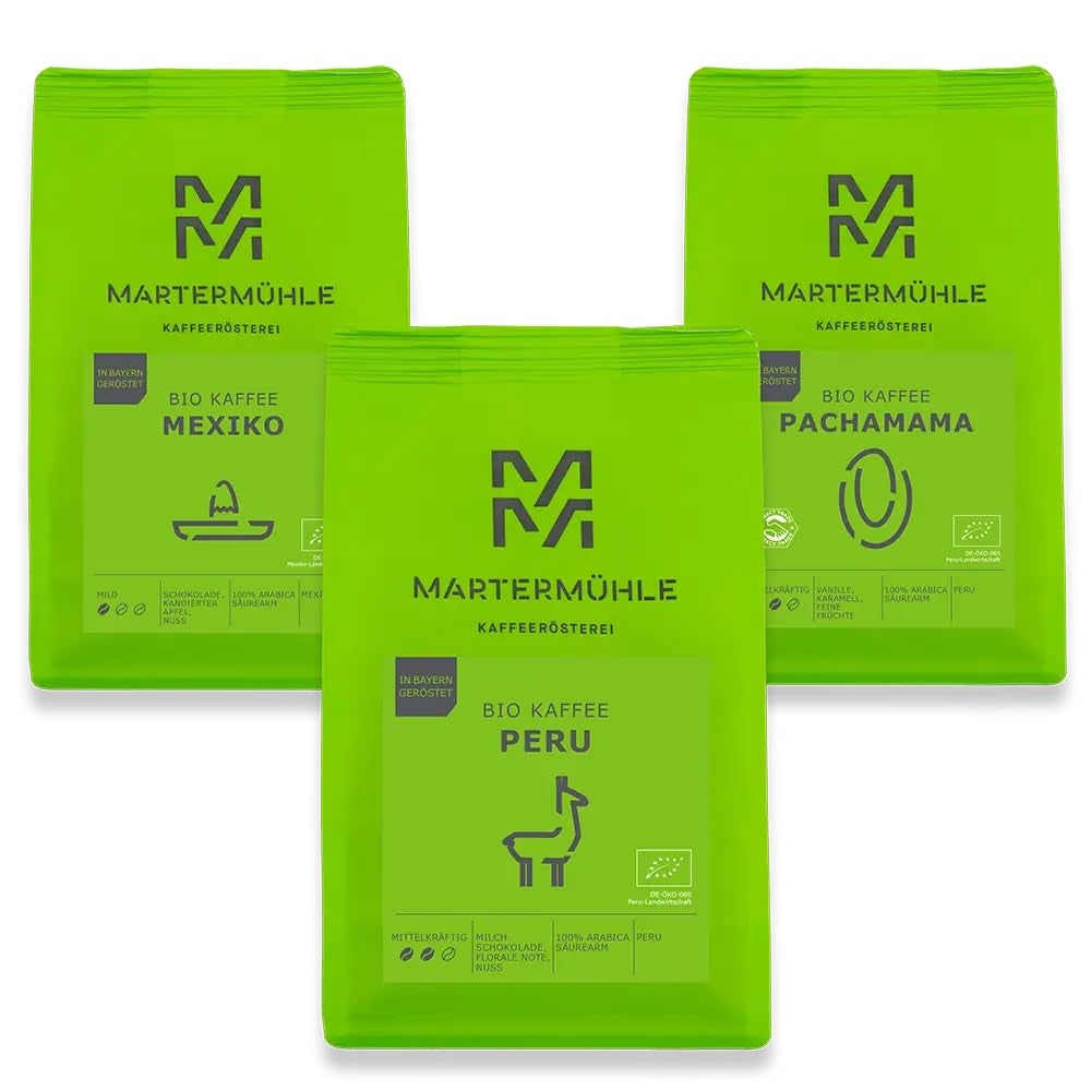 Martermühle økologiske kaffebønner prøvesæt 3x250g let/medium styrke I Arabica I Hele økologiske kaffebønner let ristede, lav surhedsgrad (68/74/426)
