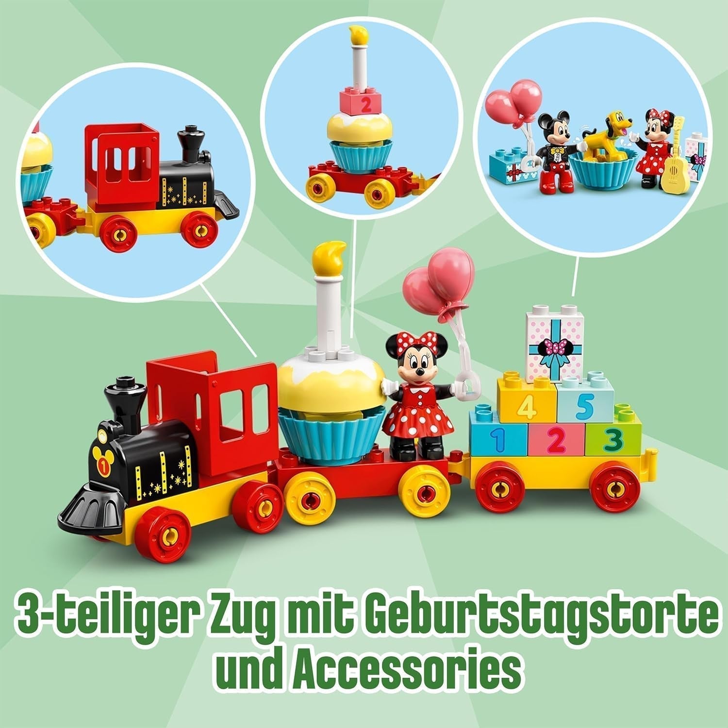 LEGO 10941 DUPLO Disney Mickey og Minnie fødselsdagstog, legetøjstog med kage og balloner, gave til børn 2 år og ældre Byggesæt Besuche den LEGO-Store