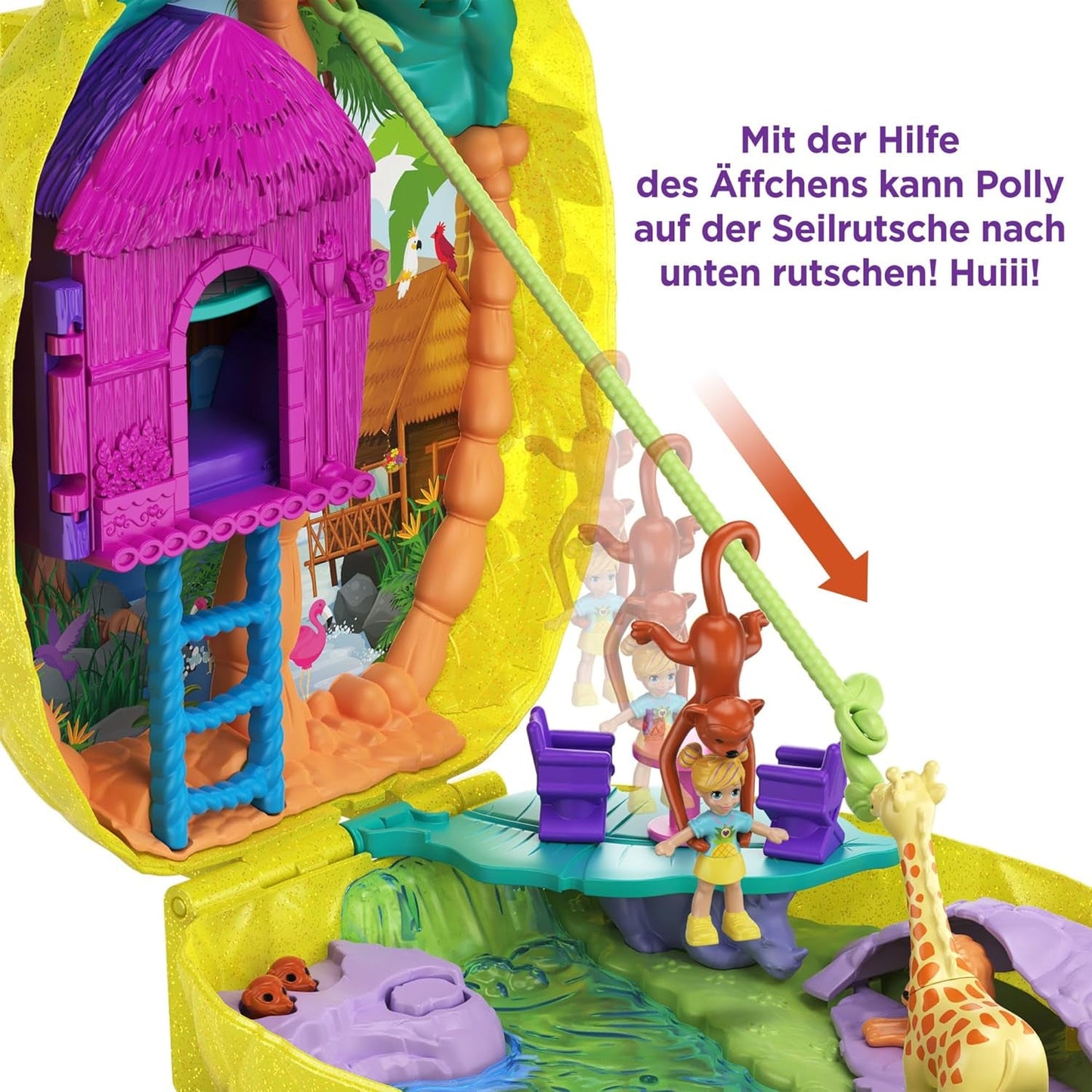 Polly Pocket GKJ64 - Bærbar ananaslomme Kompakt med 8 sjove funktioner, Polly og Lila dukker, 2 tilbehør og klistermærkeark; legetøj til børn fra 4 år og opefter