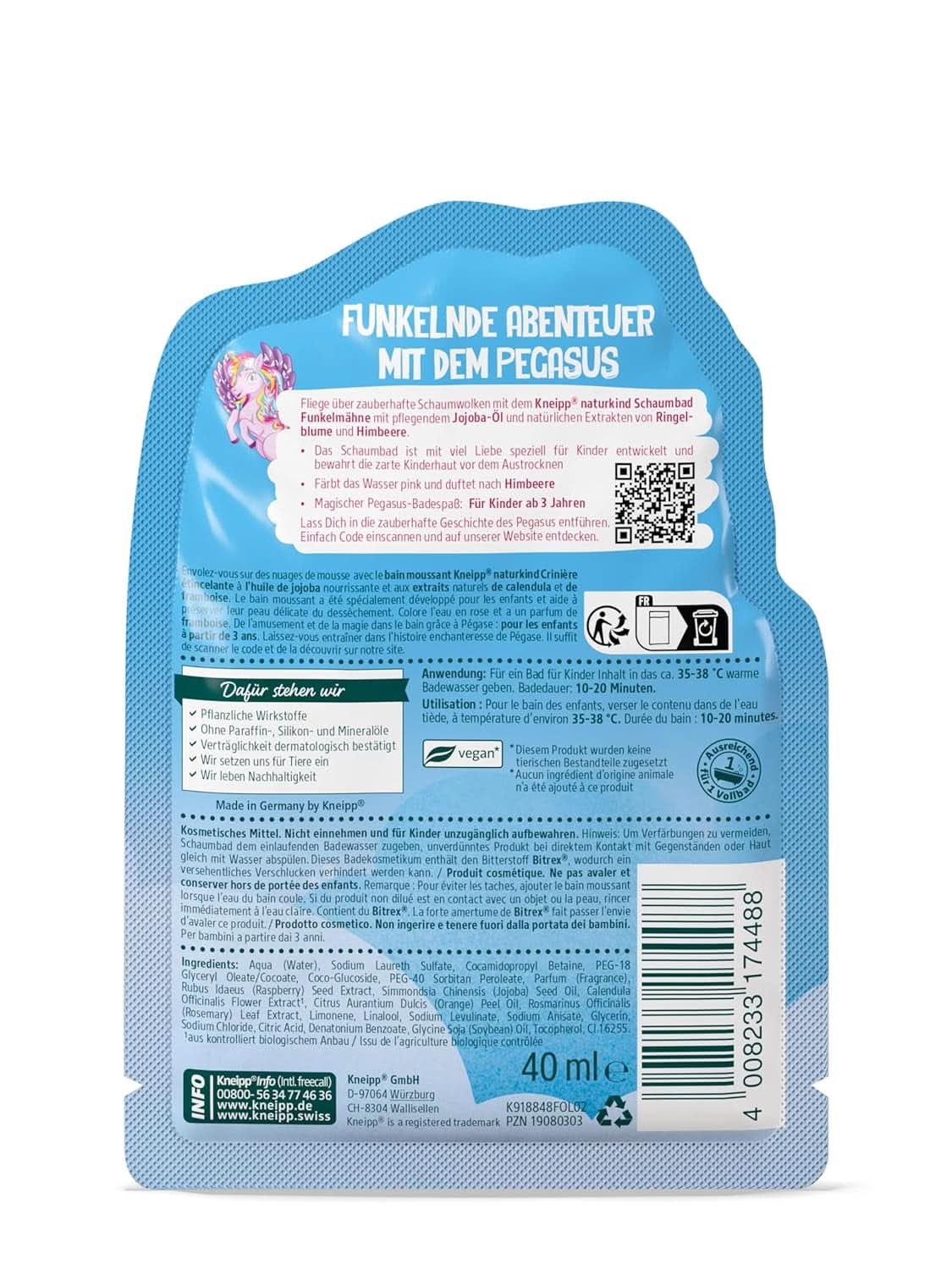 Kneipp Naturkind, enhjørningsbadetilsætning til børn med hindbærsmag og nærende jojobaolie, 40 ml bruser og bad Naty Shop