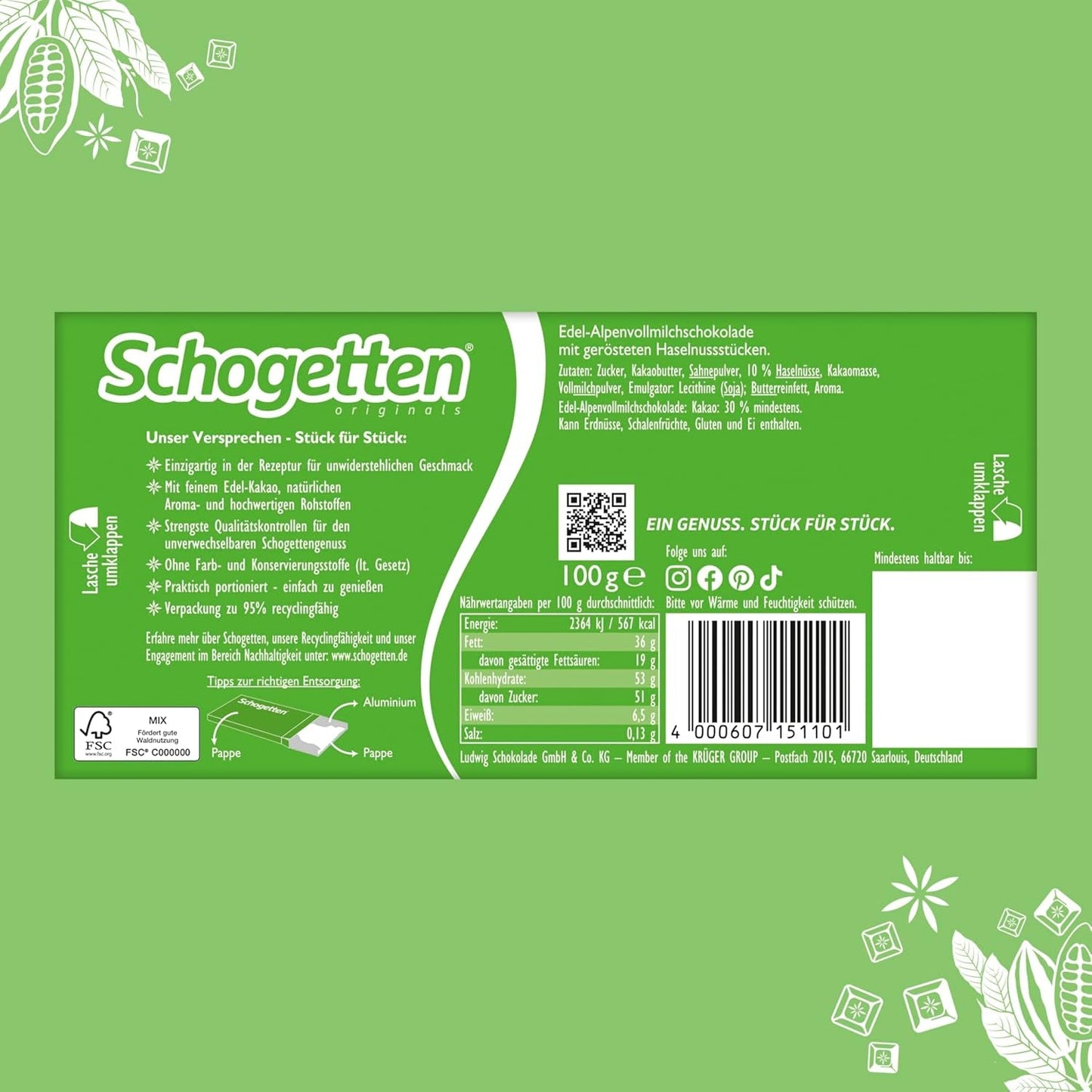 Schogetten Premium Alpine mælkechokolade med hasselnødder, 100 g chokoladebar, individuelt portioneret. En fryd. Stykke for stykke.