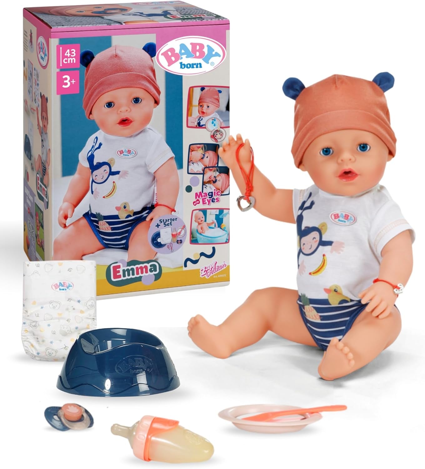 Baby Born Emma Jungle Style Doll - 43 cm - 10 funktioner inklusive tilbehør og bodysuit i unisex farver - Fungerer uden batterier - Velegnet til børn fra 3 år og derover
