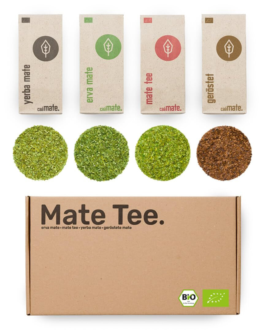 Mate te smagesæt ● 4 varianter af økologisk Mate te ● 100 g hver Erva Mate + Yerba Mate + Green Mate te + Roasted Mate te